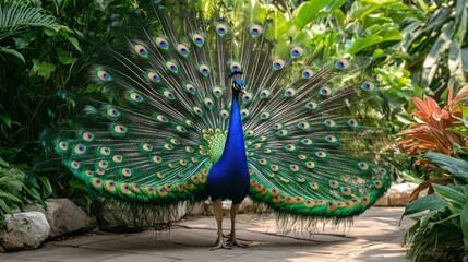 Vibrant Peacock Displaying Its Plumage in Tropical Garden Setting