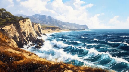 Fototapeta premium Rocky cliff by the sea, waves crashing against the shore, rugged coastline, natural landscape, clear blue sky, dramatic and wild, untouched nature