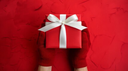 A photo of a pair of hands gently holding a red gift box with a white ribbon against a vibrant red background. The gift box is wrapped with red paper and ai generated