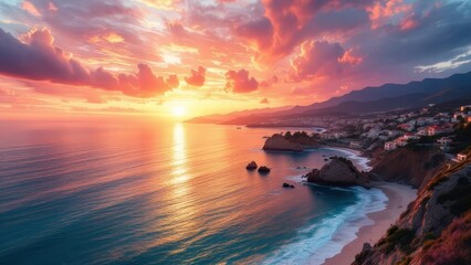 Fototapeta premium Laguna Beach sunset drone views, AI-enhanced art.