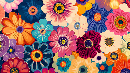 Bold and colorful cartoon flowers with a retro vibe and psychedelic patterns 