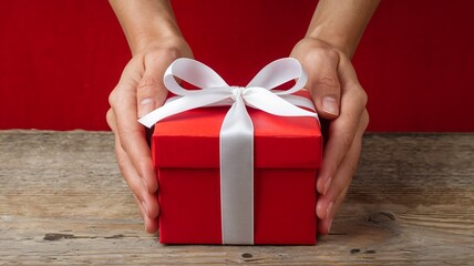 A photo of a pair of hands gently holding a red gift box with a white ribbon against a vibrant red background. The gift box is wrapped with red paper and ai generated