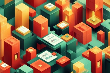 Obraz premium Abstract geometric design featuring blocks and charts, symbolizing data and technology.