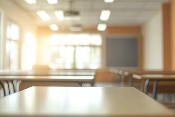Fototapeta premium Empty classroom with blurred background, focus on desk surface