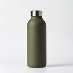 Matte green water bottle with a silver lid on a white background.