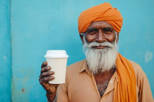 Smiling indian senior man with orange turban holding a white paper cup in front of a blue wall - Powered by Adobe