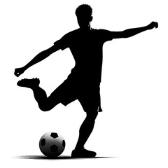 Soccer player silhouette kicking ball with dynamic motion against white background