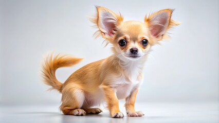 Fototapeta premium Adorable Chihuahua Puppy with Curled Tail on White Background â€“ Long Exposure Photography for Pet Lovers and Animal Enthusiasts