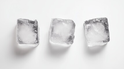 Ice cubes arranged in a row on a white surface for a refreshing drink or culinary use