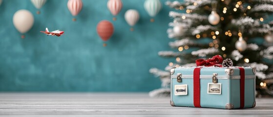 Christmas Tree Journey Symbolic Theme, A festive scene featuring a beautifully wrapped gift, a Christmas tree, and decorative ornaments, evoking holiday cheer and celebration.