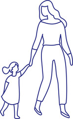 Mother walking with daughter silhouette. Stylized vector line person isolated. Human body