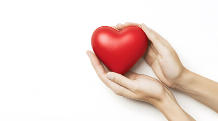 Fototapeta premium Two hands gently cupping glowing red heart, symbolizing love and care. This evokes warmth and affection, perfect for expressing emotions