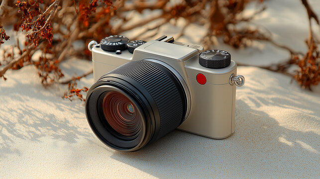 Silver Camera on Sandy Surface: A modern, silver camera lens rests on a sandy surface, surrounded by delicate branches, capturing the essence of photography and outdoor exploration.  