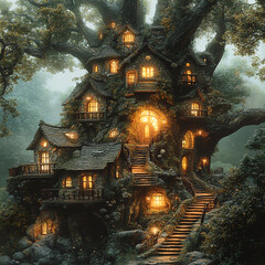 Fototapeta premium A fantastic city built inside a giant tree, stairs and bridges leading to houses among the branches, light softly breaking through the leaves, muted green and brown tones, an atmosphere of comfort
