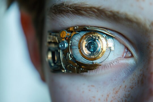 Close up of a mechanical bionic eye implant in a young man's face, showcasing futuristic technology