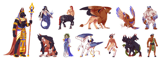 Mythical creatures set. Different fantastic monsters, magical beasts, fairytale characters of ancient mythology. Mermaid, centaur, werewolf, Medusa Gorgon. Flat isolated vector illustrations on white