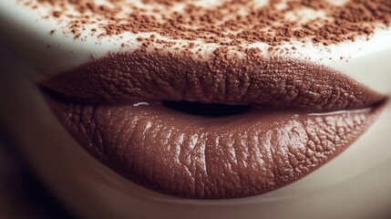 Fototapeta premium A close-up of lips with a cocoa dusting, resting on the edge of a coffee cup.