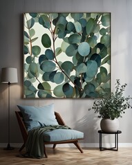 A sophisticated painting showcasing a stylish chair, perfect for interior design or modern art themes in home decor.