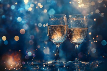 New year and Christmas champagne coast celebration blue and golden glittering on abstract background and  defocused Bokeh Lights with large blank space for text illustration.