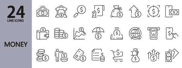 Money line icons set with Cash, Payment, Currency, Finance, Bank, Dollar, Credit, Investment, Profit and more. Editable Stroke