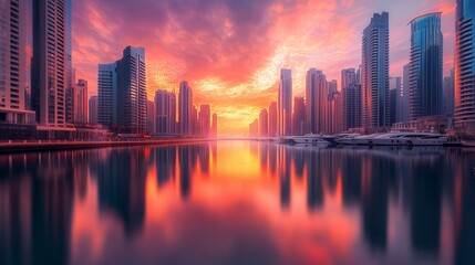 Fototapeta premium On October 10, Dubai Marina dazzles with skyscrapers, sunset hues, yachts, and a vibrant promenade.