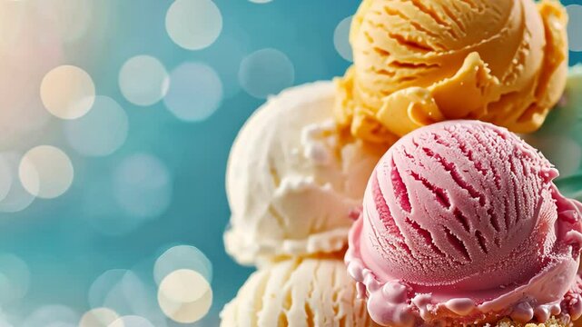 A colorful stack of ice cream scoops showcasing delightful flavors, perfect for summer treats and dessert photography.