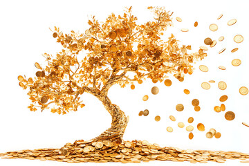 Golden tree with coins, symbolizes wealth and prosperity with white background.