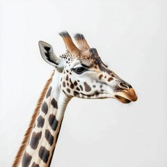 Obraz premium Giraffe with distinctive patterns gazes curiously towards the camera in a bright, minimalistic setting
