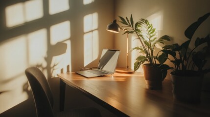 Golden Hour Workspace Aesthetic Photo - Laptop, Plants, Desk Lamp