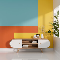 A trendy, colorful room features a minimal cabinet or a coffee table with sunlight casting shadows.