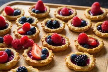 A group of mini fruit galettes on a wooden tray, filled with vibrant mixed berries and golden crust