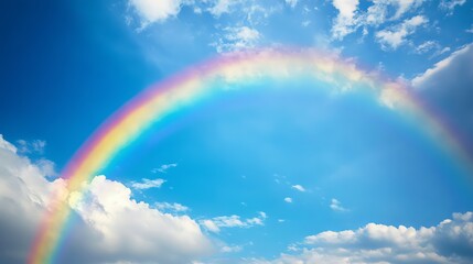Vivid rainbow arching gracefully across a clear blue sky on a sunny day, showcasing a stunning natural phenomenon with vibrant colors and a serene atmospheric backdrop