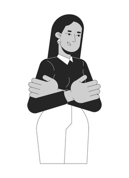 recommend clip art: Indian female office worker arms folded black and white 2D line character. South asian woman employee business casual crossed arms isolated vector outline person. Monochromatic spot illustration