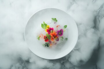 Elegant molecular gastronomy dish with edible flowers, foam, and mist on a white plate, showcasing innovative culinary artistry