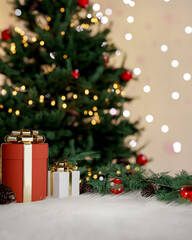 Beautiful Christmas background features Christmas present boxes and a shining Christmas tree.