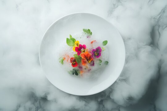 Elegant molecular gastronomy dish with edible flowers, foam, and mist on a white plate, showcasing innovative culinary artistry