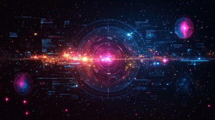 Fototapeta premium Abstract futuristic background featuring dynamic data visualization with glowing particles, colorful lights, and a sense of space depth and technology innovation