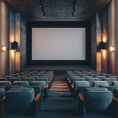 Obraz premium Empty cinema auditorium with rows of chairs and a stage