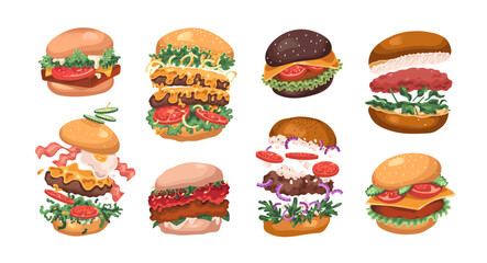 Set of different burgers. Tasty hamburgers, delicious cheeseburgers. American fast food. Eating in fastfood restaurant. Meals with meat, salad, buns. Flat isolated vector illustrations on white