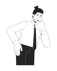 Caucasian adult office worker man rubbing chin thoughtful black and white 2D line character. Formal shirt tie employee male thinking isolated vector outline person. Monochromatic spot illustration