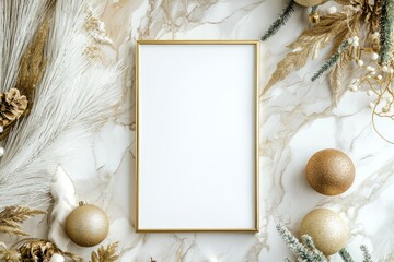 Christmas mockup with a gold frame surrounded by festive golden ornaments and glittery decorations on a marble background