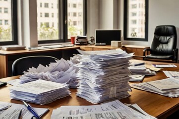 A messy pile of wrinkled papers on a wooden desk, with a few sheets jutting out.