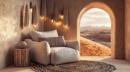 A cozy southwestern reading corner with adobe walls