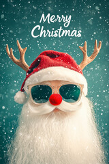 Festive Antlers and Solar Charm: Quirky Christmas Greeting Card with Sunglasses and a Red Nose