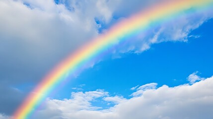 Vivid rainbow arching gracefully across a clear blue sky on a sunny day, showcasing a stunning natural phenomenon with vibrant colors and a serene atmospheric backdrop