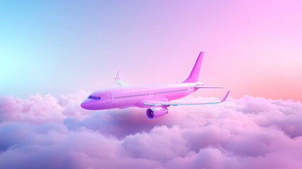 Fototapeta premium Airplane soaring above clouds with soft gradient background