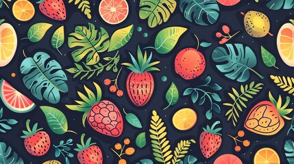 A colorful seamless pattern of summer fruits, citrus, and leaves on a dark blue background.