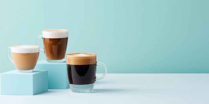 Three different types of coffee cups are displayed on a blue background. The cups are arranged in a row, with the first cup being a light brown color, the second cup being a dark brown color