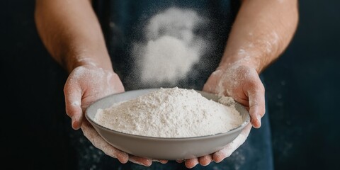A person is holding a bowl of flour in their hands. The flour is in a powdery state and is being blown away by the wind