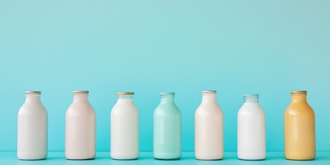 A row of milk bottles in various colors, including white, yellow, and green. The bottles are lined up on a blue background